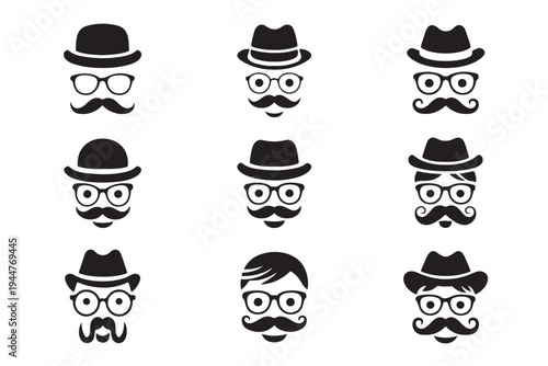 Gentleman character heads with different hats glasses and mustache styles vector illustrations for barbershop branding hipster fashion designs and vintage masculine style concept projects