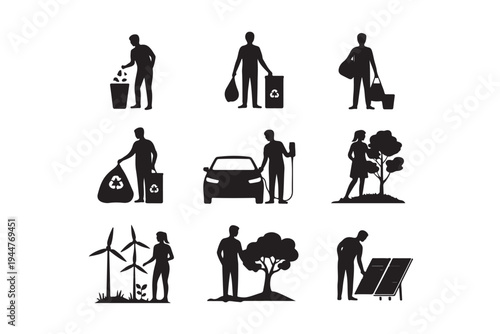 Environmental protection and green energy icons set featuring recycling renewable power and conservation activities for ecological awareness campaigns and sustainable business branding vector