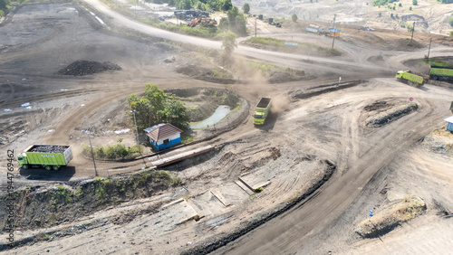 Foto Drone footage from a coal mining site in South Kalimantan shows trucks and heavy