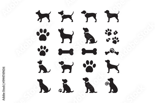 Set of black dog and paw print icons on transparent background vector collection dog silhouettes playful pet animals breed training home fun illustration