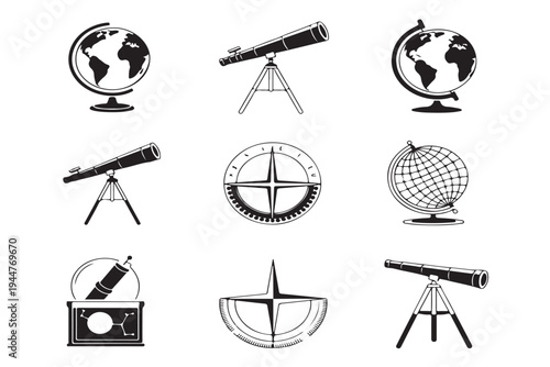Set of black silhouette icons representing astronomy navigation and geography tools for science or exploration themes