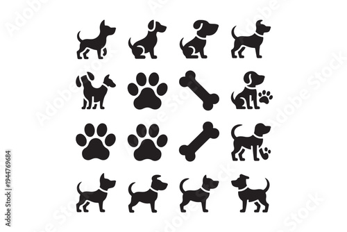 Set of various dog silhouettes, paw prints, and bones in black on a transparent background, perfect for pet-related designs and veterinary services