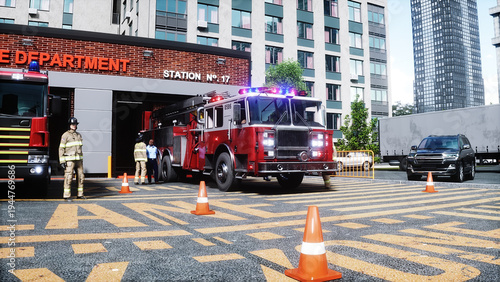 fire truck near the fire station. Fire department. 3d rendering.