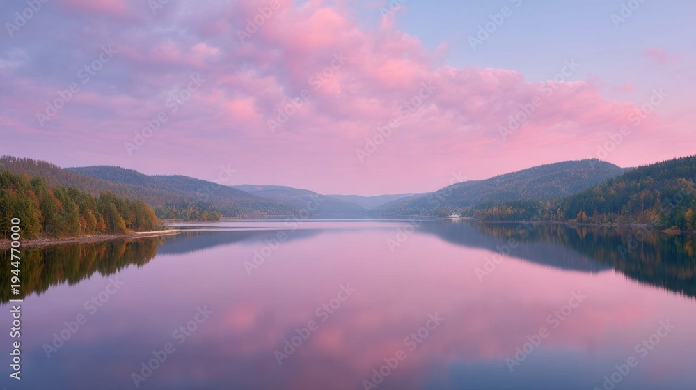 Fototapeta premium Serene Dawn Reflection on Calm Lake Surrounded by Lush Forest and Soft Pink Clouds in Tranquil Nature Landscape