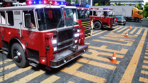 fire truck near the fire station. Fire department. 3d rendering.