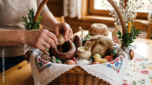 Hands Arranging Traditional Easter Food Blessing Basket Bread Eggs Embroidered Cloth Church