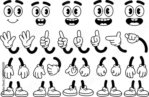 Assortment of classic animation components featuring diverse facial expressions, multiple arm positions with hands, and various lower body sections with footwear.
