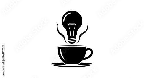 Coffee cup with a radiant light bulb rising from steaming beverage, symbolizing morning inspiration and creative energy