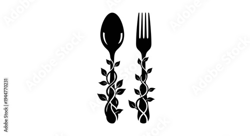 Black and white illustration of fork and spoon entwined with plant vines, symbolizing healthy food
