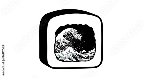 Japanese Sushi Roll Featuring the Great Wave Off Kanagawa Illustration