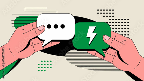 Two hands are shown holding speech bubbles one with ellipsis and the other with a lightning bolt representing digital communication high quality professional detailed modern elegant