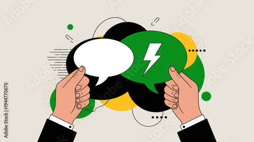 Hands are carefully arranging colorful speech bubbles one featuring a lightning bolt symbolizing communication and impactful ideas high quality professional detailed modern elegant stylish clean crisp