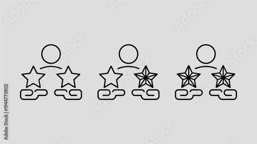 A series of three line art icons depict a person with varying numbers of stars above their head suggesting a rating or level system high quality