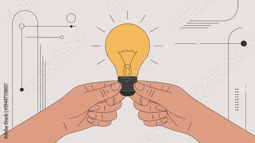A pair of hands gently cradle a glowing yellow lightbulb symbolizing innovation ideas and the careful nurturing of creative concepts high quality professional detailed modern elegant