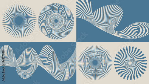 An abstract composition featuring four quadrants each displaying swirling linear patterns in shades of blue against a beige background high quality professional detailed modern elegant stylish