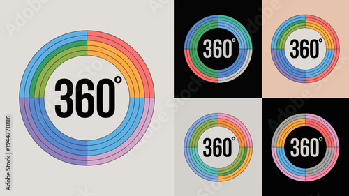 A grid displays four colorful circular diagrams each labeled 360 utilizing rainbow color palettes and concentric rings high quality professional detailed modern elegant stylish clean crisp