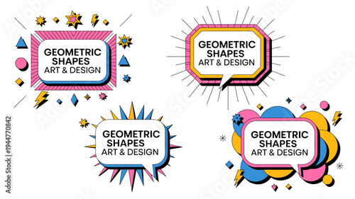 A vibrant pop art design showcases repeating geometric shapes and bold text proclaiming geometric shapes art design in colorful frames high quality professional detailed modern elegant