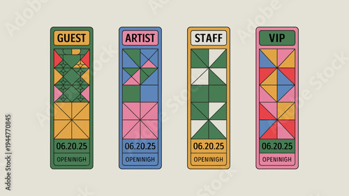 Four colorful geometric event passes are displayed labeled guest artist staff and vip with a date of 06 20 25 high quality professional detailed modern elegant