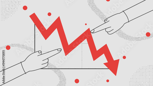 A graphic depicts a sharply declining chart with two hands pointing to the downward trend symbolizing financial loss or market crash high quality professional detailed modern