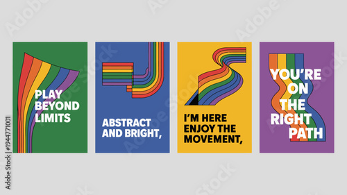 A vibrant collection of four posters features colorful abstract designs and motivational text promoting positivity and self discovery high quality professional detailed modern elegant stylish clean