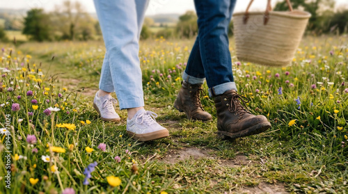 Couple Feet Walking Wildflower Spring Meadow Basket Easter Picnic Countryside Outdoor Lifestyle