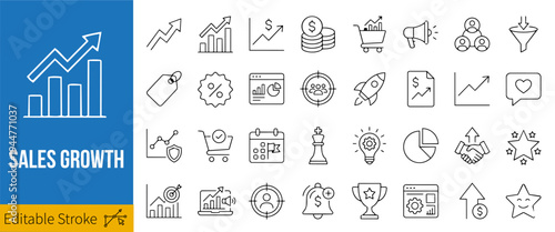 Minimal Sales Growth Line Icon Set Business Profit Revenue Analytics UI Outline Vector Isolated on White Background