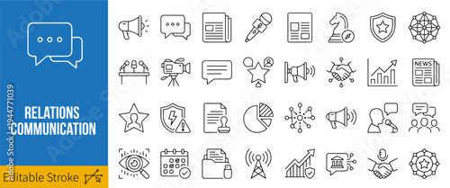 Communication and Relationship Line Icons Set – Social Interaction, Message, Network, Teamwork Outline Vector Pack
