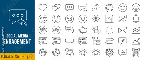 Minimal Social Media Engagements Line Icon Set Likes Comments Shares UI Outline Vector Isolated on White Background