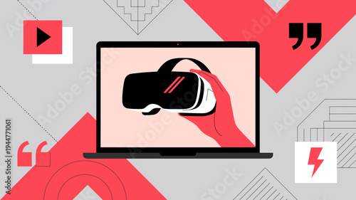 A laptop displays a virtual reality headset held by a hand surrounded by abstract geometric shapes and design elements high quality professional detailed modern elegant stylish