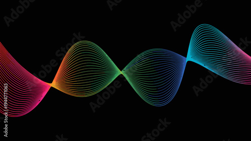 A vibrant abstract wave form is displayed against a stark black background utilizing a spectrum of colors to create a flowing design high quality professional detailed