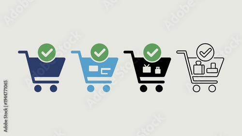 Four shopping cart icons are displayed in varying colors and styles each including a circular checkmark symbol high quality professional detailed modern elegant stylish clean crisp
