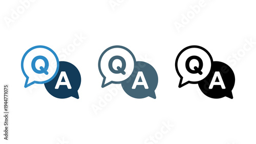 This image presents three variations of a speech bubble icon featuring the letter q and a showcasing color and monochrome designs high quality professional detailed modern
