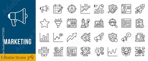 Minimal Social Media Marketing Line Icon Set Promotion Engagement UI Outline Vector Isolated on White Background
