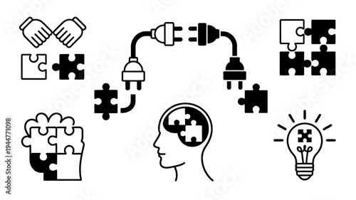 This image depicts connections between ideas problem solving and the human mind utilizing icons like plugs puzzle pieces and a lightbulb high quality professional detailed modern
