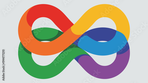 A vibrant looping figure eight symbol is prominently displayed created with overlapping bands of red orange yellow green blue and purple high quality professional detailed modern