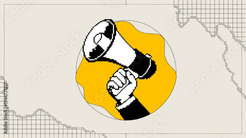 A stylized illustration depicts a hand firmly gripping a vintage megaphone set against a contrasting yellow and beige background high quality professional detailed modern elegant stylish