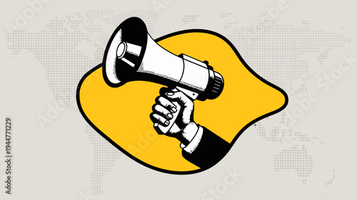 A stylized illustration depicts a hand firmly gripping a vintage megaphone set against a blurred world map background high quality professional detailed modern elegant stylish clean