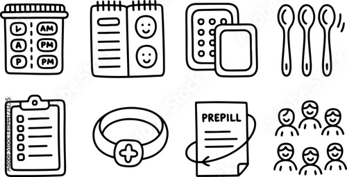 Set of hand-drawn medical and pharmaceutical icons featuring pill dispensers, dosage schedules, prescription documents, medical alert symbols, and abstract representations of patient groups.