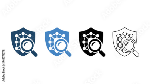 Four variations of a shield icon incorporating a magnifying glass and connected nodes symbolizing network security analysis high quality professional detailed modern elegant stylish clean crisp