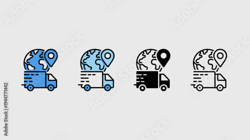 Four variations of a delivery truck with a world globe representing global logistics and transportation networks high quality professional detailed modern elegant stylish clean crisp vibrant