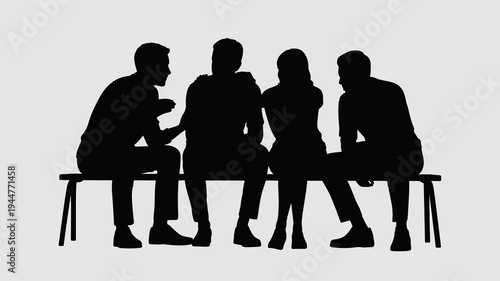 A silhouette depicts four individuals engaged in conversation while seated together on a simple wooden bench high quality professional detailed modern elegant stylish clean crisp vibrant