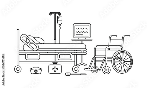 Vector illustration of hospital bed and wheelchair with medical equipment