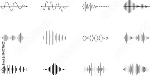 An assortment of twelve different monochromatic line graphics illustrates various forms of sound wave representations, suitable for technical or digital audio concepts.