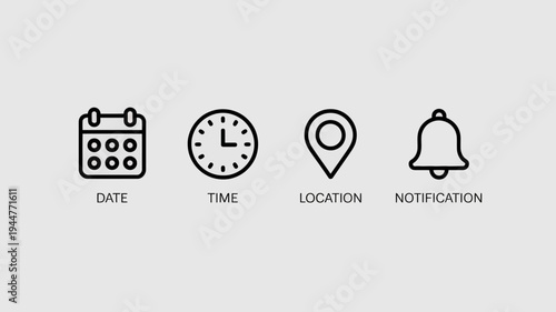 A series of minimalist line icons representing a calendar clock location pin and notification bell are displayed in a row high quality professional detailed modern elegant