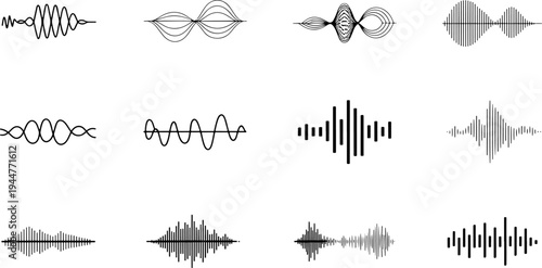 Twelve distinct variations of abstract sound wave visualizations are horizontally arranged across a white background, representing audio frequency modulation and signal processing.