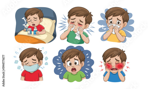 Set of 6 sick boy illustrations vector