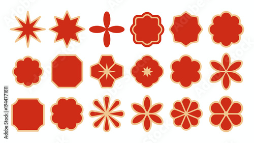 A collection of vibrant red ornamental shapes and floral designs are displayed against a stark white background creating a decorative pattern high quality professional detailed modern