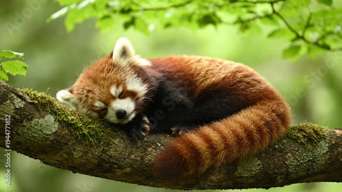 Sleeping red panda curled up on tree branch in soft natural lighting for wildlife conservation
