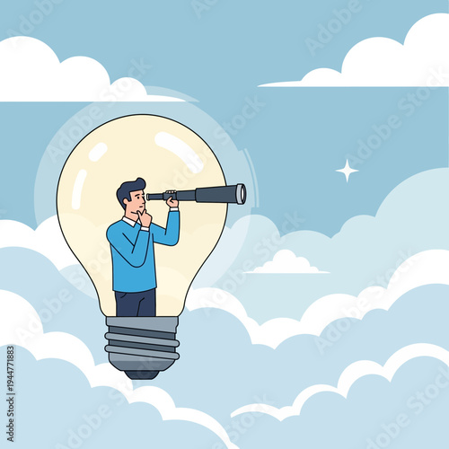 Man with telescope inside a light bulb, looking towards the future, in the clouds