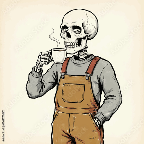 Quirky vintage illustration of a skeletal figure enjoying a steaming cup of coffee, embodying a timeless moment of relaxation and a unique perspective on daily rituals